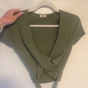Ribbed Olive Green Wrap Sweater